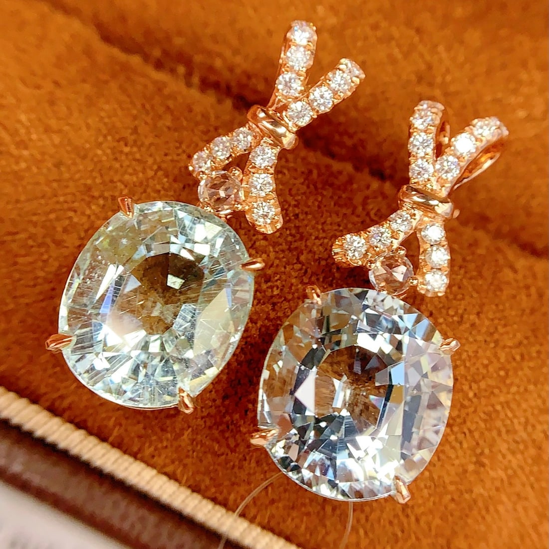 14k Gold 12.1 Ct Natural Aquamarine & Diamond Earrings - 3