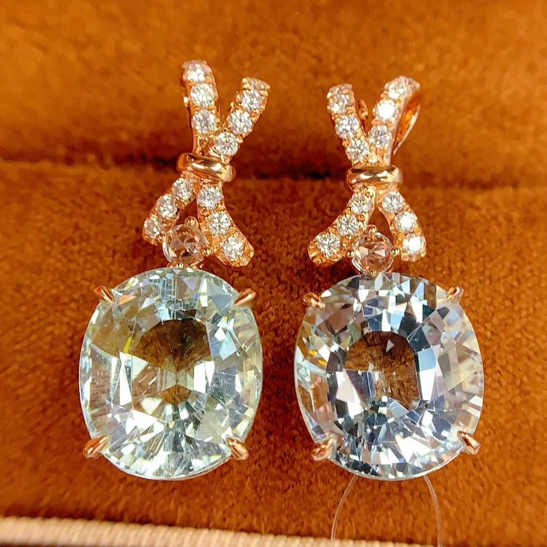 14k Gold 12.1 Ct Natural Aquamarine & Diamond Earrings - 4