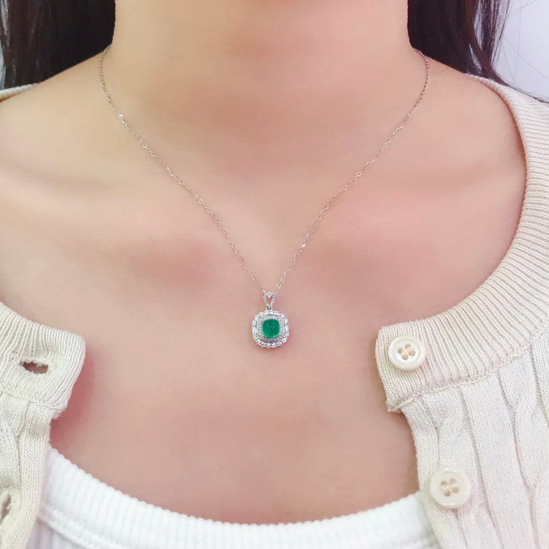 14k Gold 0.7 Ct Natural Emerald & Diamond & Sapphire Pendant( Without Chain ) - 6