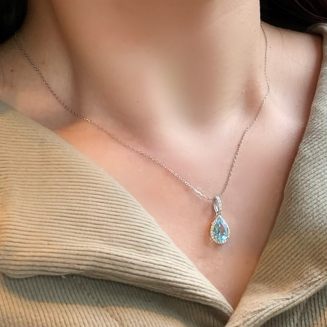 14k Gold 1.14 Ctw Natural Aquamarine & Diamond Pendant( Without Chain ) - 3