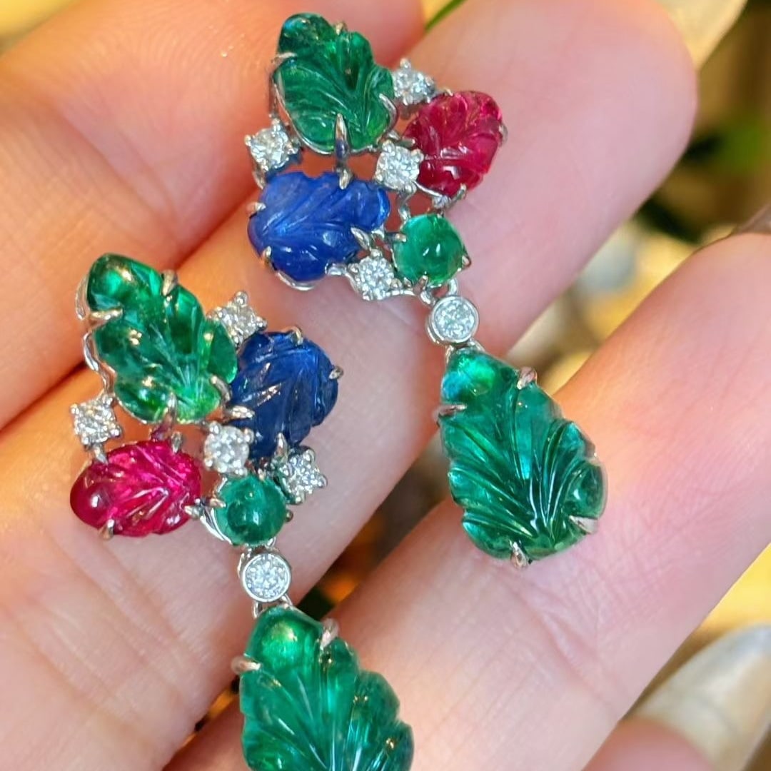 14k Gold 7.81 Ct Natural Emerald & Sapphire & Spinel Earrings - 3