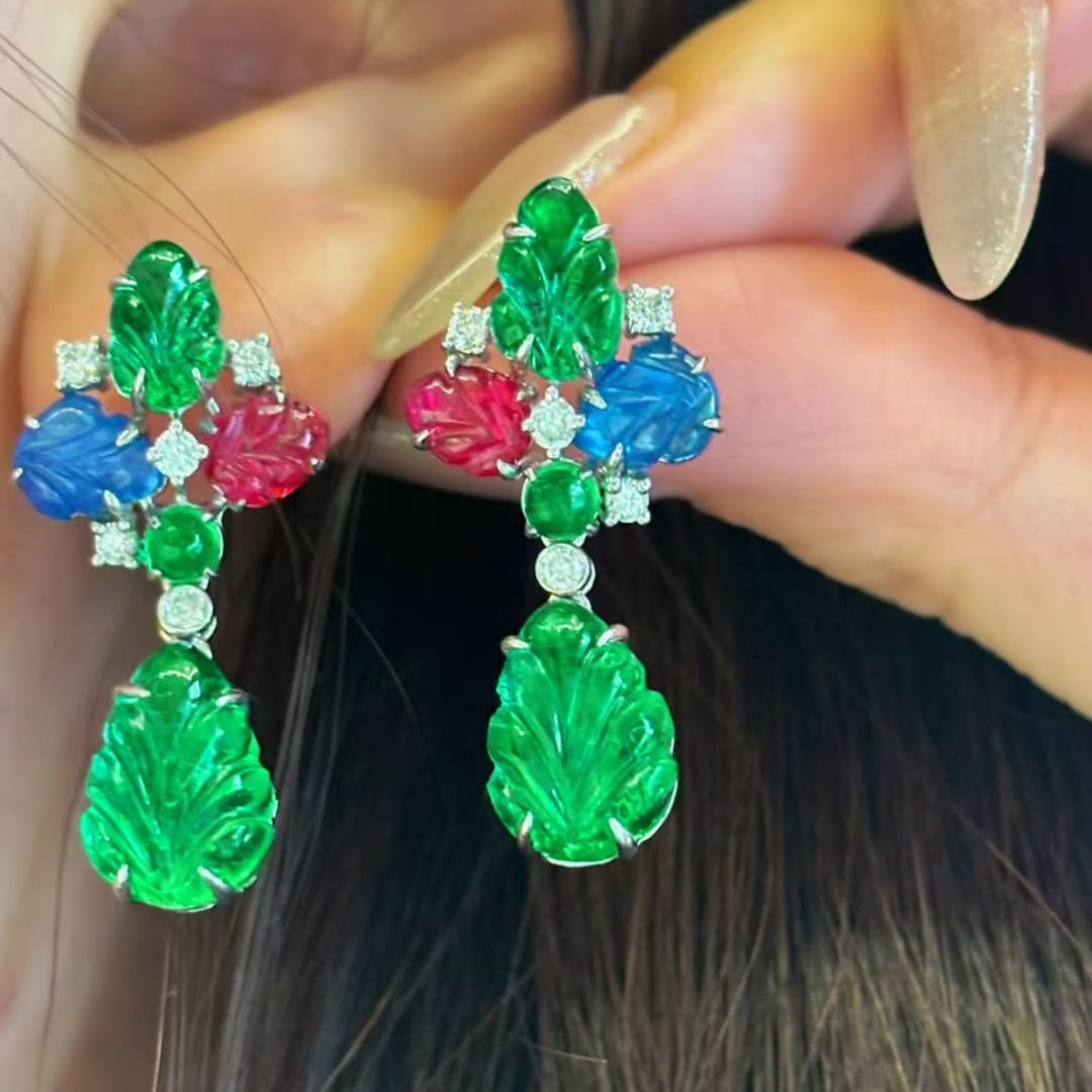 14k Gold 7.81 Ct Natural Emerald & Sapphire & Spinel Earrings - 7