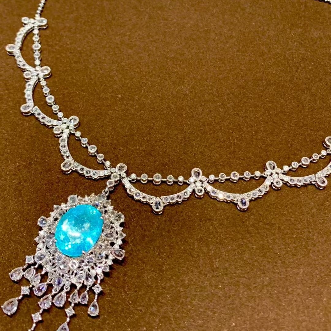 14k Gold 9.25 Ct Natural Paraiba Tourmaline & Diamond & Sapphire Necklace - 2