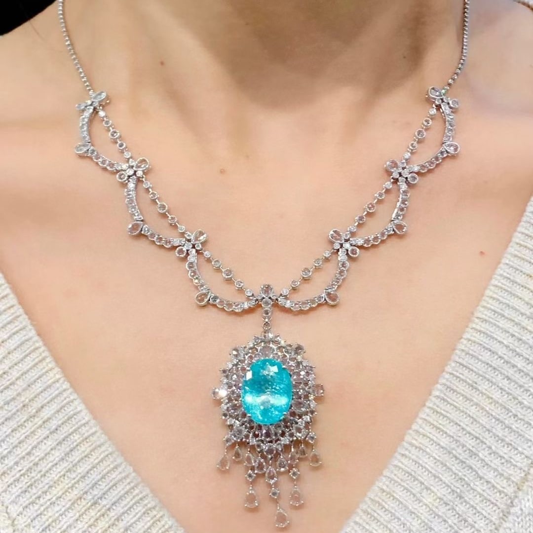 14k Gold 9.25 Ct Natural Paraiba Tourmaline & Diamond & Sapphire Necklace - 3