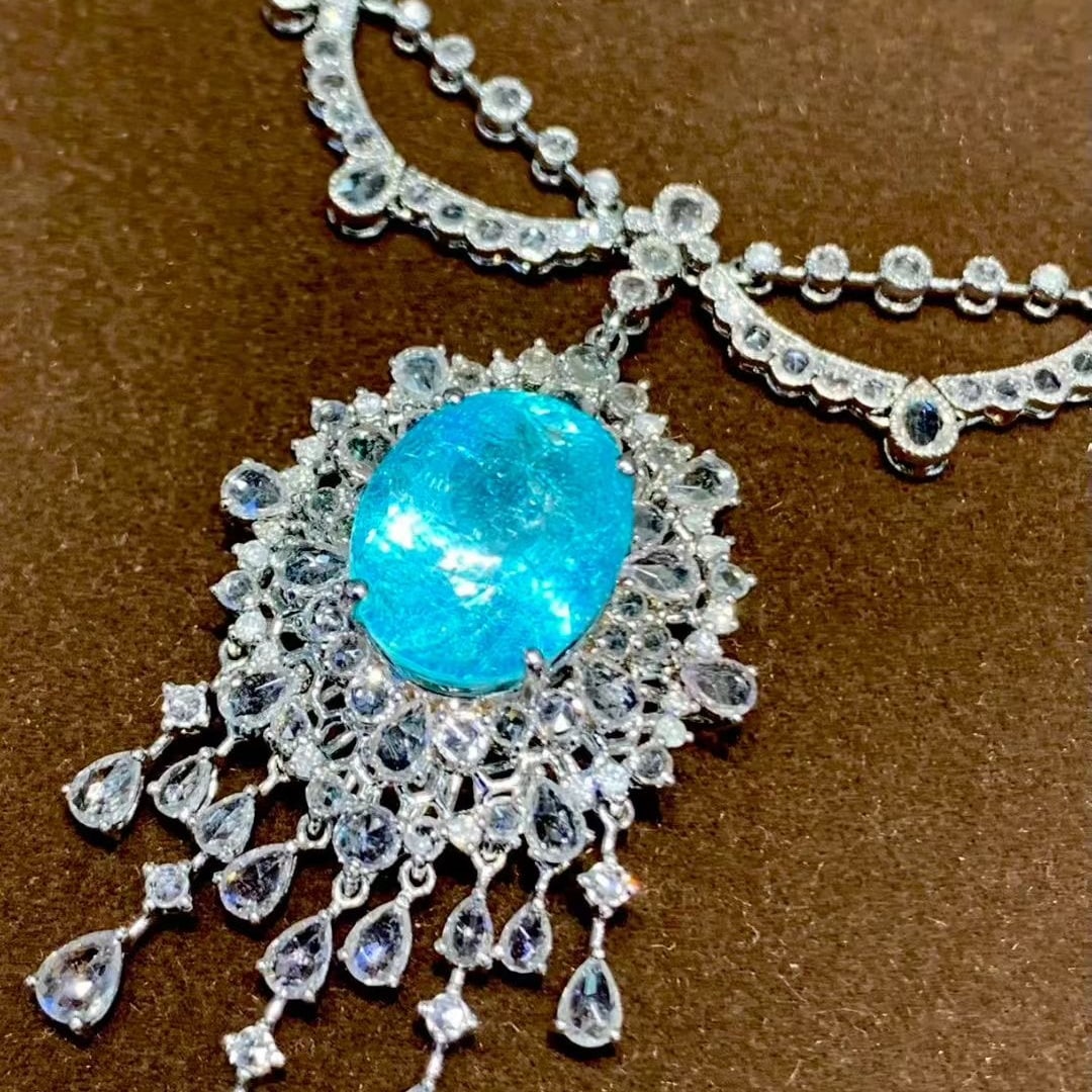 14k Gold 9.25 Ct Natural Paraiba Tourmaline & Diamond & Sapphire Necklace - 4