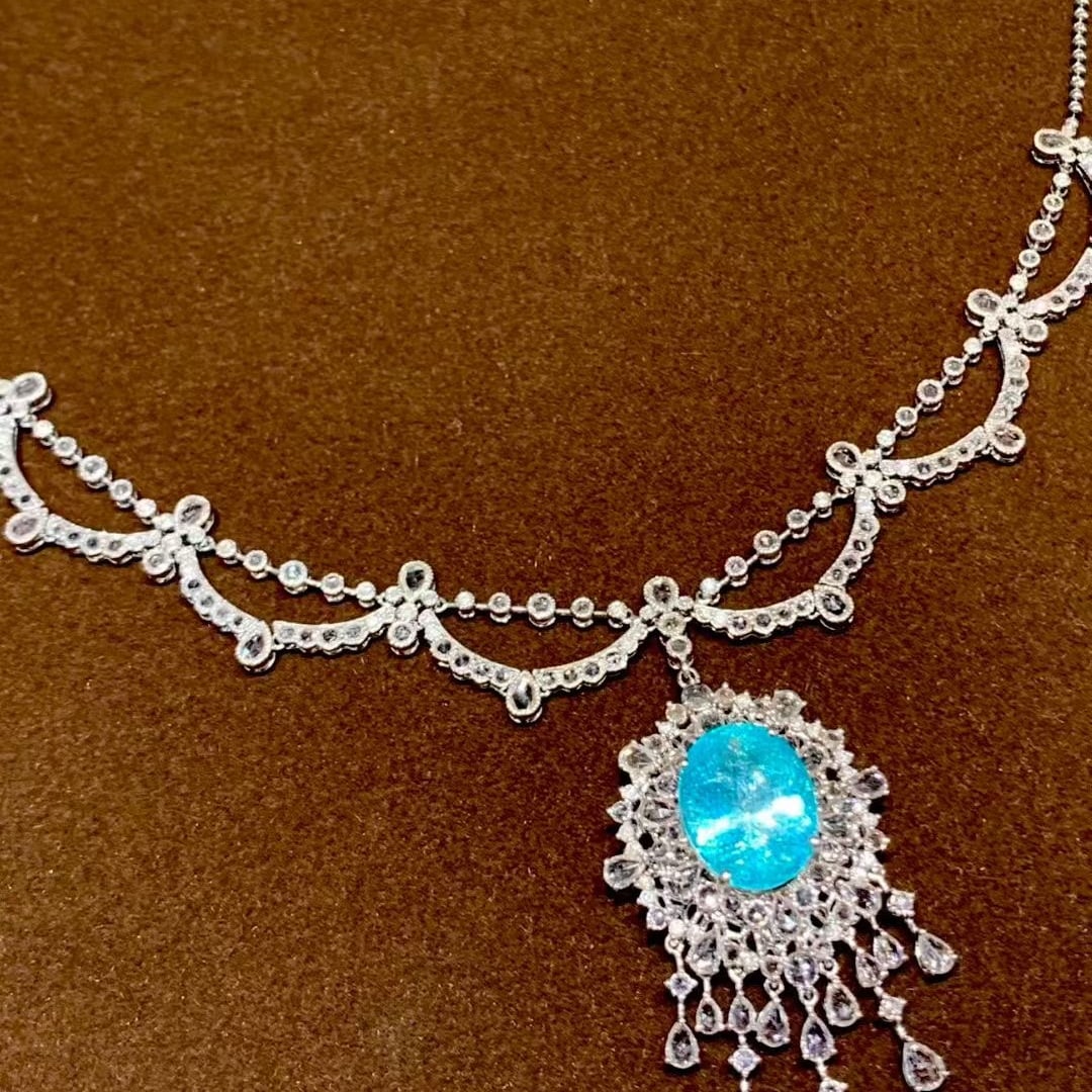 14k Gold 9.25 Ct Natural Paraiba Tourmaline & Diamond & Sapphire Necklace - 5