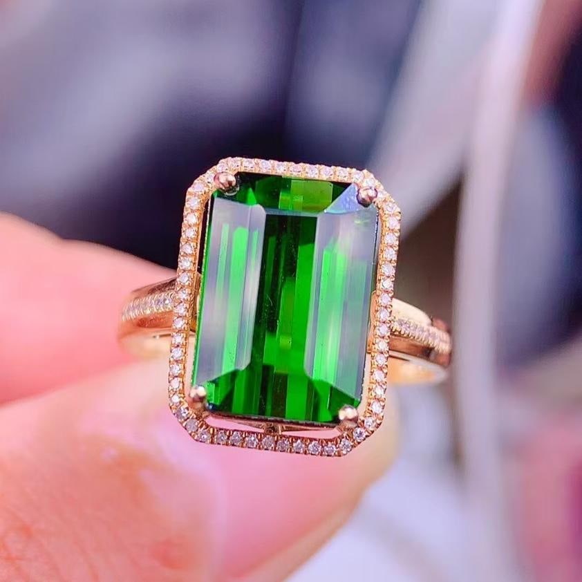 14k Gold 7.5 Ct Natural Tourmaline & Diamond Ring: Ref:231095013 // gold content:14k gold // ring size:7. 25us // // main gemstone:tourmaline // shape:octagonal // carat weight:7. 5ct // color:green // treatment:natural // // adjacent gemstone 2 : dia
