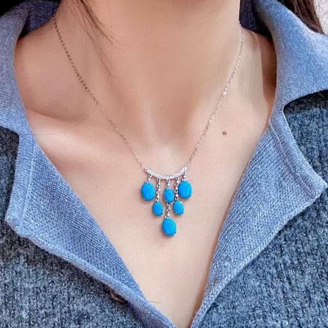 14k Gold 7.73 Ctw Natural Blue Turquoise & Diamond Necklace - 4