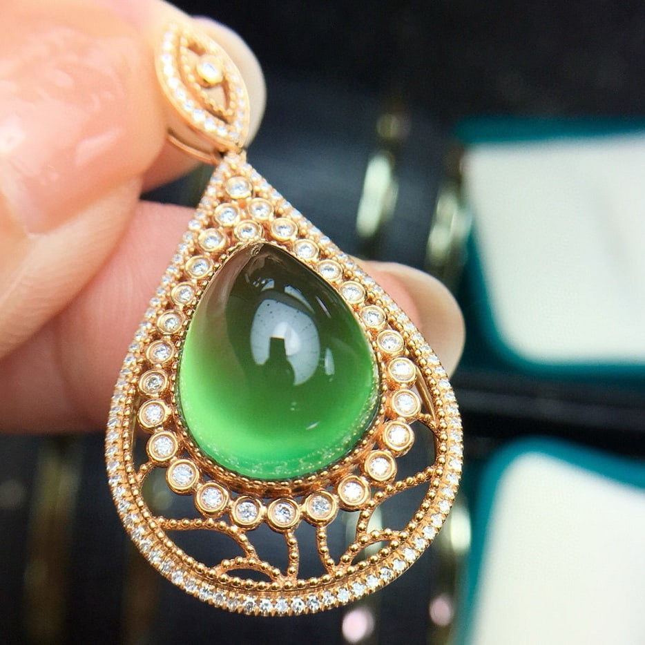14k Gold 11.7 Ct Natural Prehnite & Diamond Pendant( Without Chain ) - 4