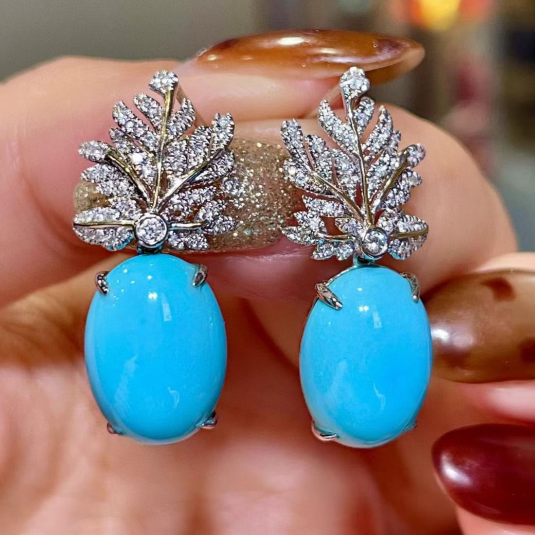 14k Gold 11.01 Ctw Natural Blue Turquoise & Diamond Earrings: Ref:231095046 // gold content:14k gold // main gemstone:blue turquoise // shape:oval // carat weight:10. 68ct // color:blue // treatment:natural // // adjacent gemstone 2 : diamond // shape:round // c