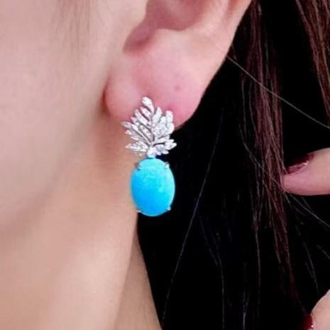 14k Gold 11.01 Ctw Natural Blue Turquoise & Diamond Earrings - 2
