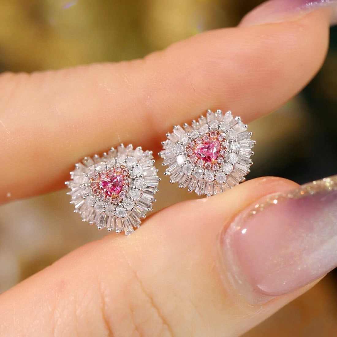 14k Gold 0.90 Ctw Natural Pink Diamond & Diamond Earrings - 7