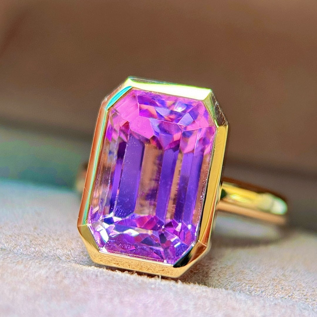 14k Gold 8.50 Ct Natural Kunzite & Solitaire Ring - 3