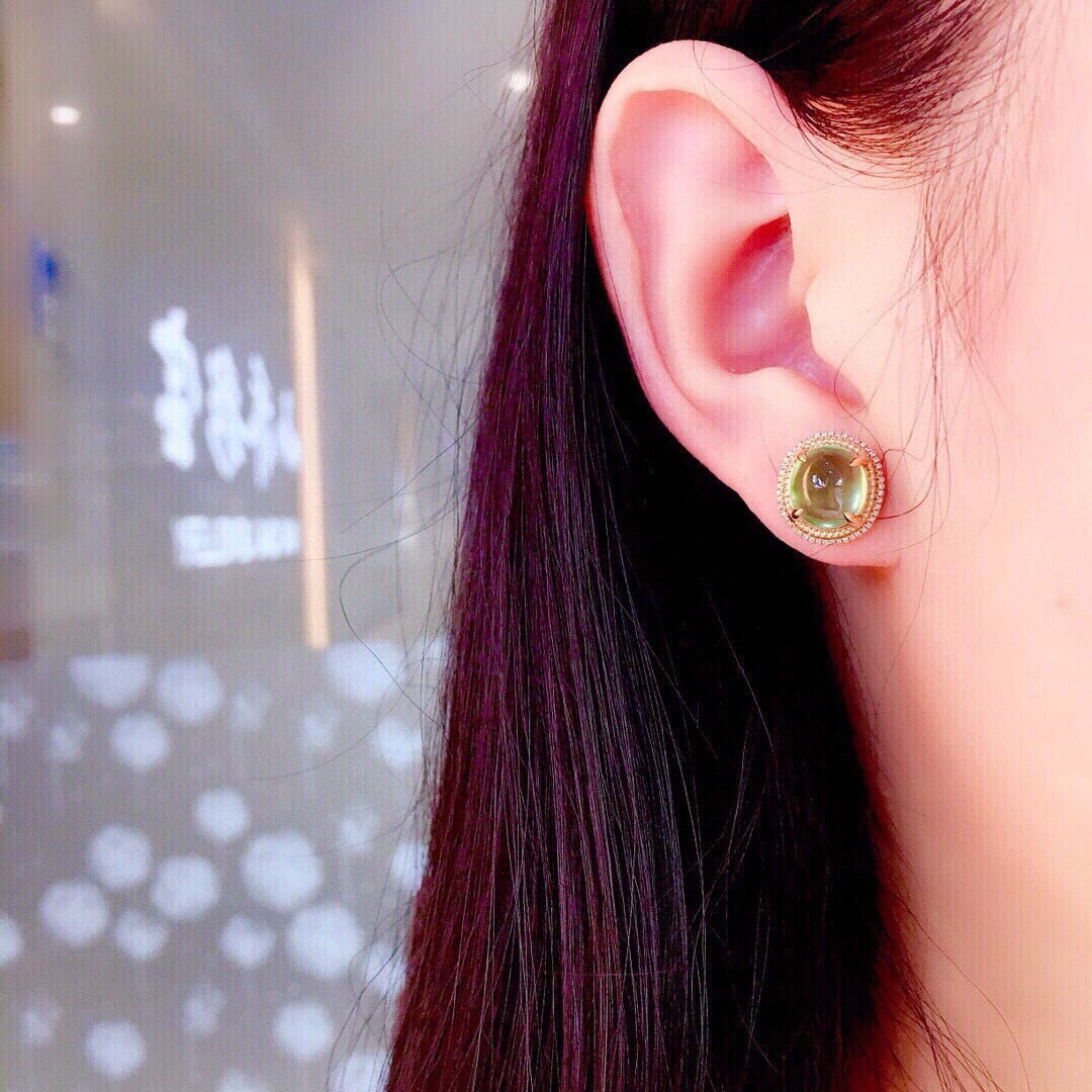 14k Gold 7.9 Ct Natural Prehnite & Diamond Earrings - 3