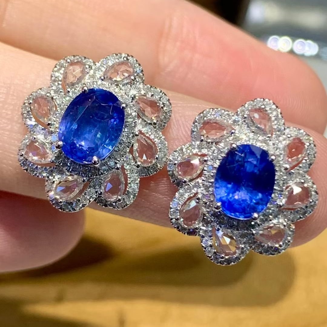14k Gold 2.4 Ct Natural Sapphire & Diamond & Sapphire Earrings - 2