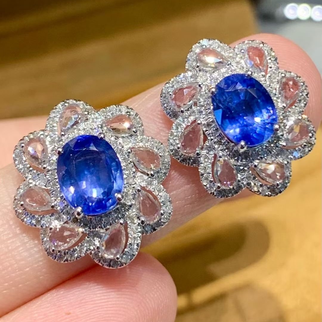 14k Gold 2.4 Ct Natural Sapphire & Diamond & Sapphire Earrings - 3