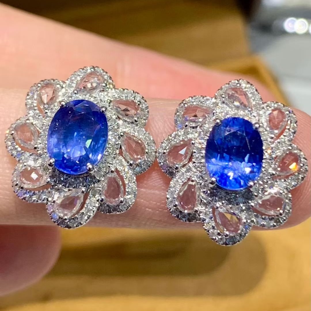 14k Gold 2.4 Ct Natural Sapphire & Diamond & Sapphire Earrings - 4