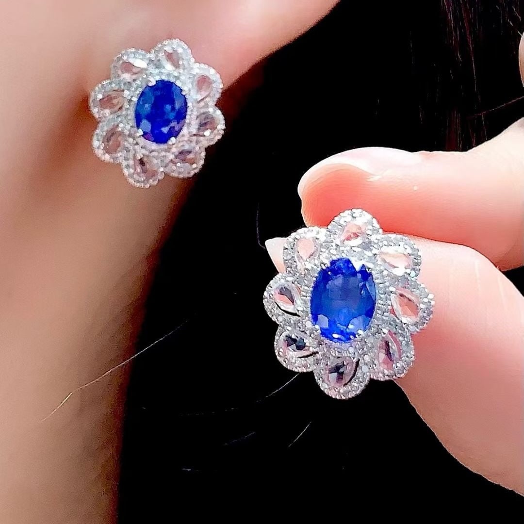 14k Gold 2.4 Ct Natural Sapphire & Diamond & Sapphire Earrings - 5