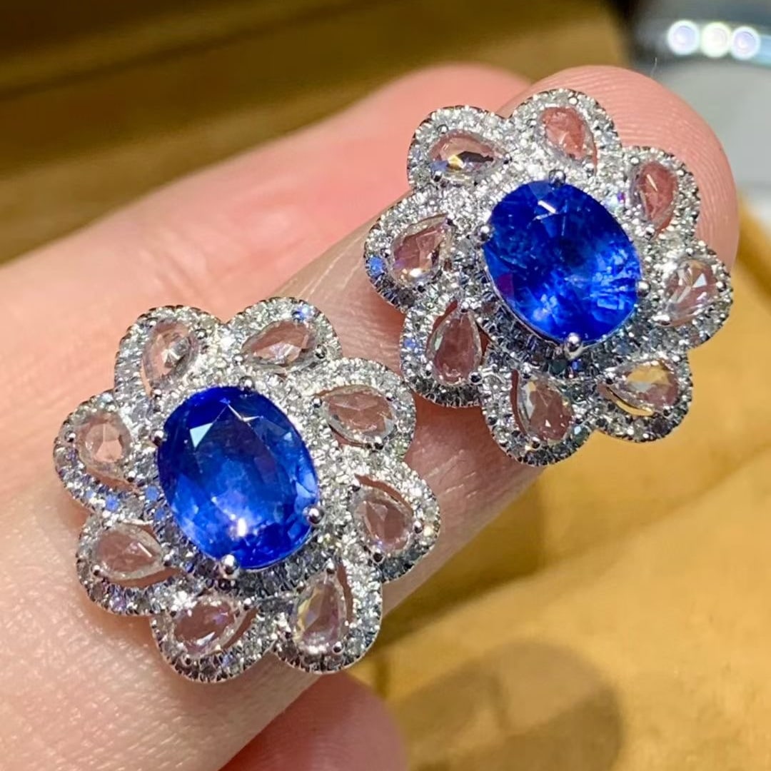 14k Gold 2.4 Ct Natural Sapphire & Diamond & Sapphire Earrings - 6