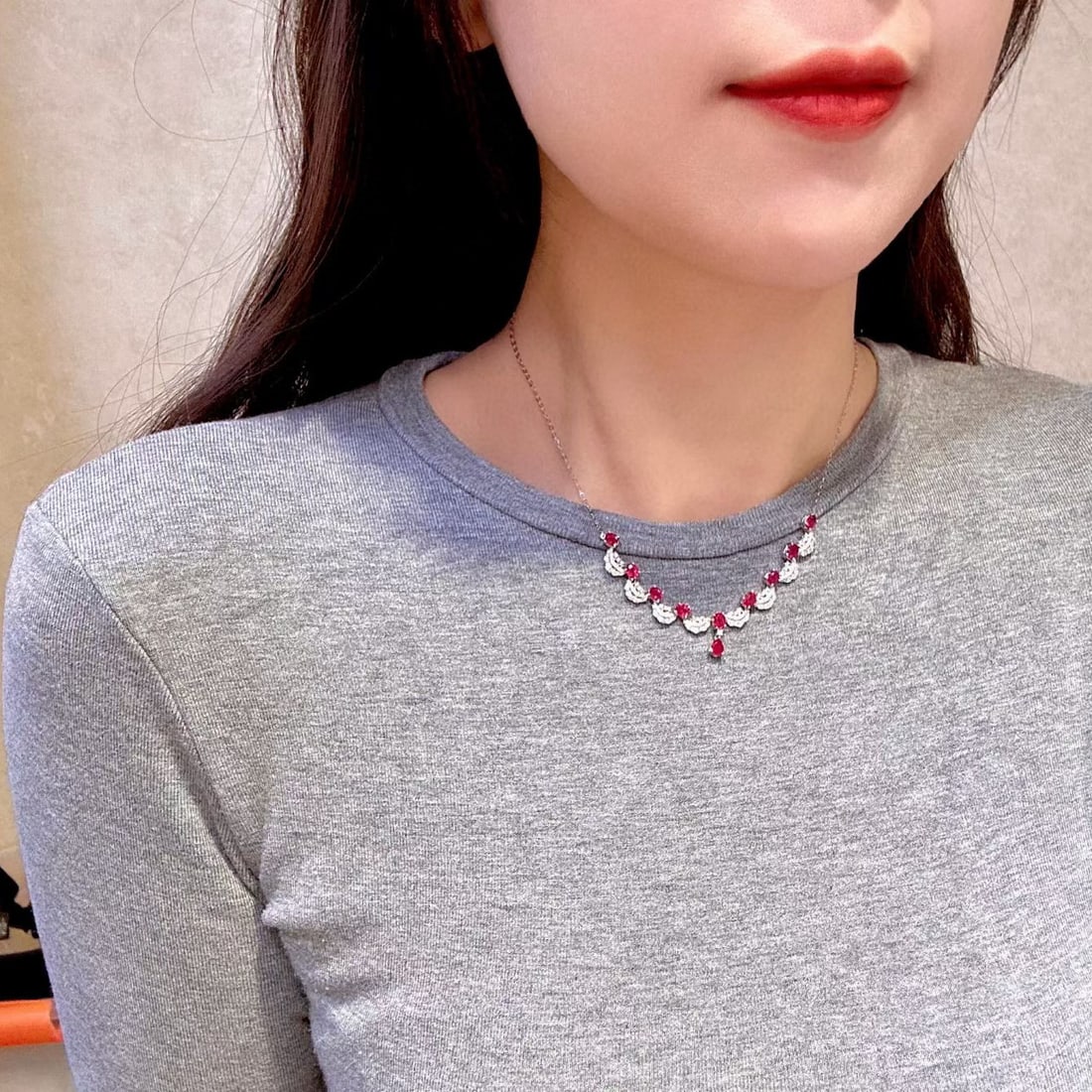 14k Gold 3.67 Ctw Natural Ruby & Diamond Necklace - 4