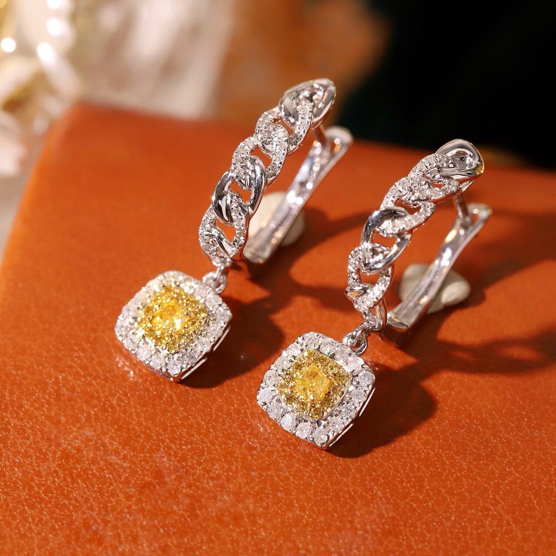 14k Gold 0.62 Ctw Natural Yellow Diamond & Diamond Earrings: Ref:231095118 // gold content:14k gold // main gemstone:yellow diamond // shape:cushion // carat weight:0. 20ct // color:yellow // treatment:natural // // adjacent gemstone 2 : diamond // shape:round
