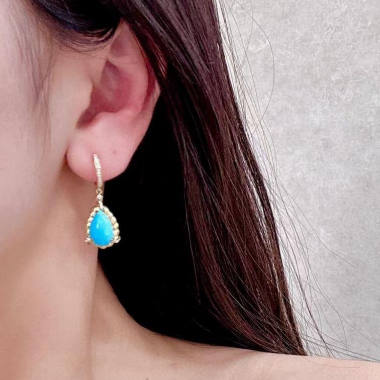 14k Gold 5.63 Ctw Natural Blue Turquoise & Diamond Earrings - 4