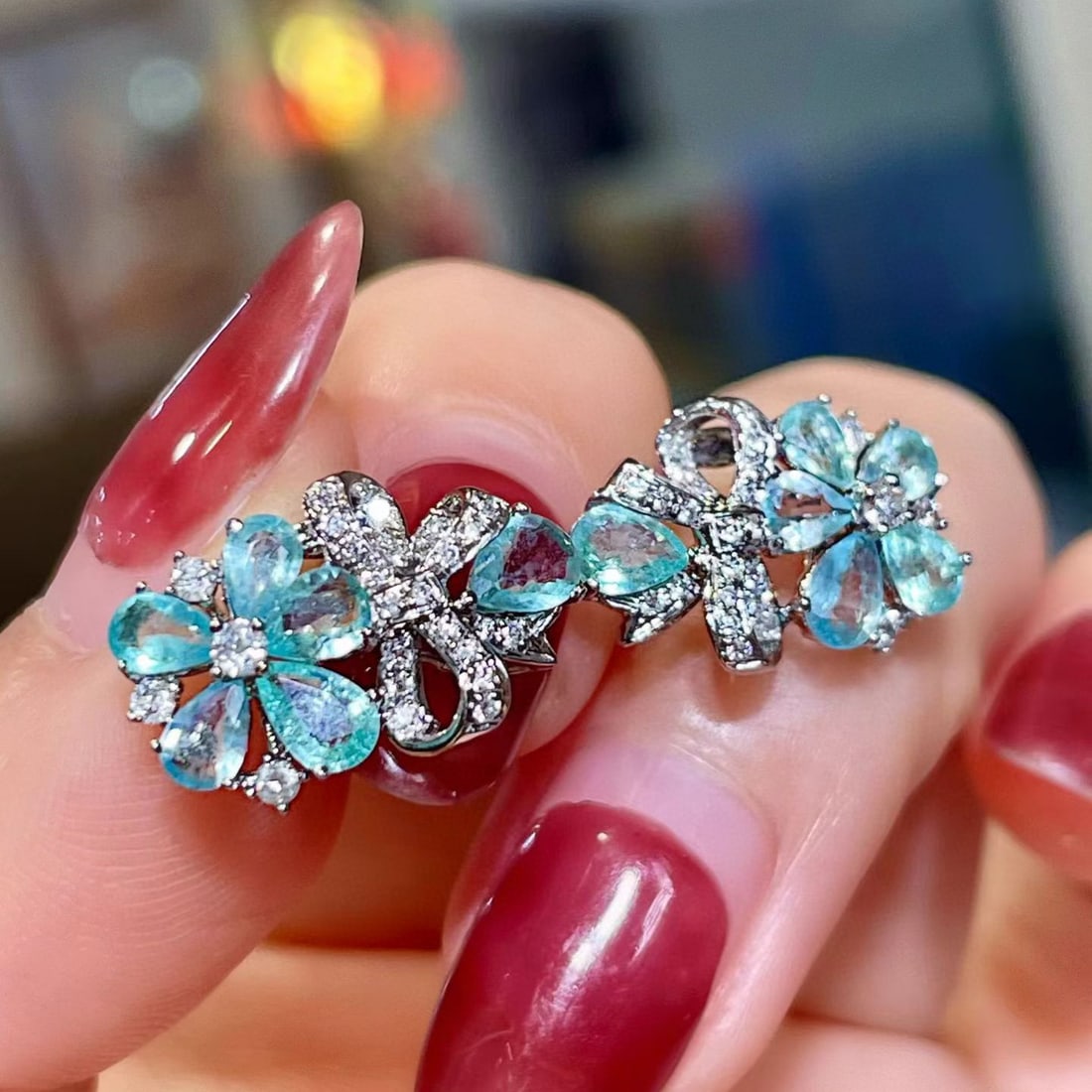14k Gold 1.77 Ctw Natural Paraiba Tourmaline & Diamond Earrings - 2