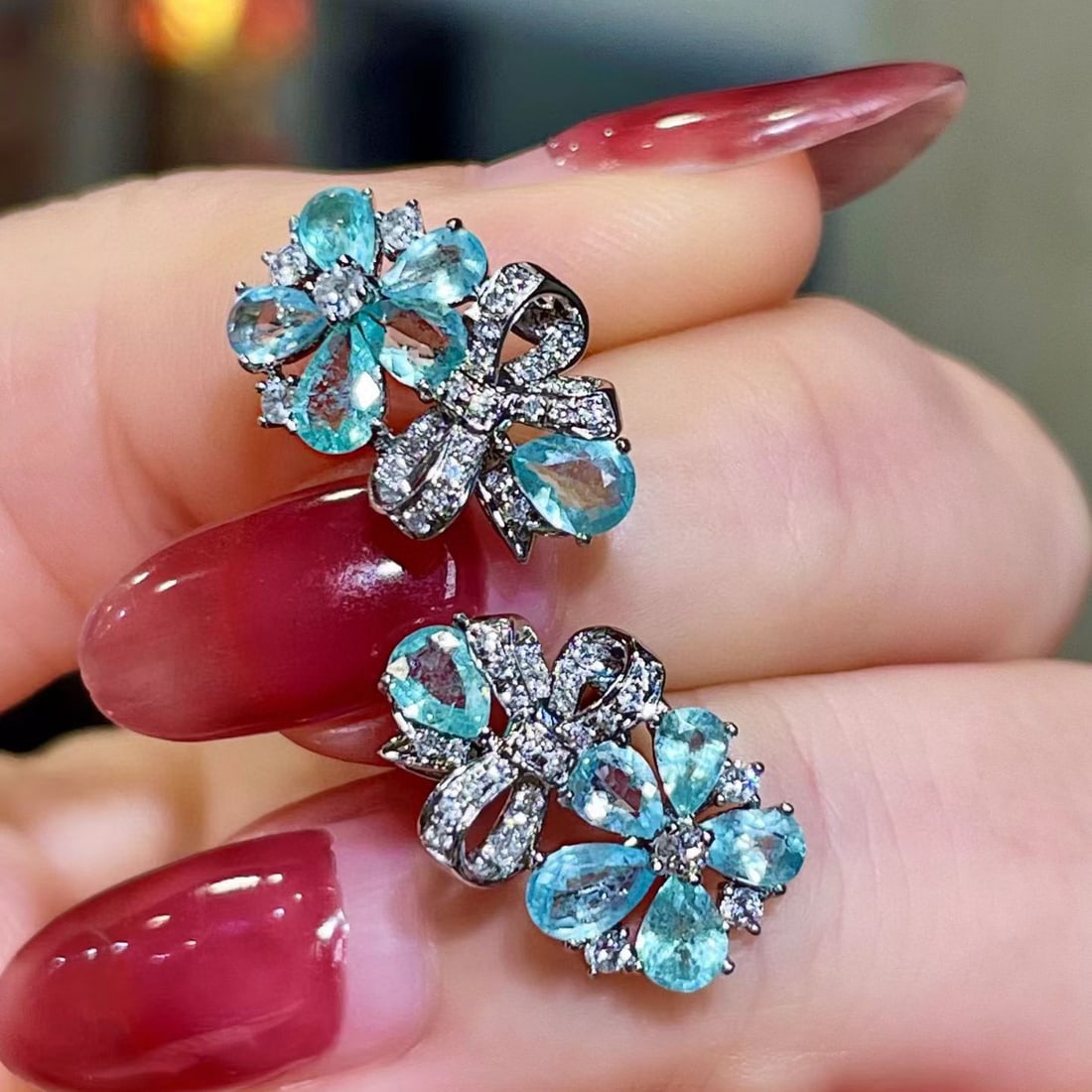 14k Gold 1.77 Ctw Natural Paraiba Tourmaline & Diamond Earrings - 3