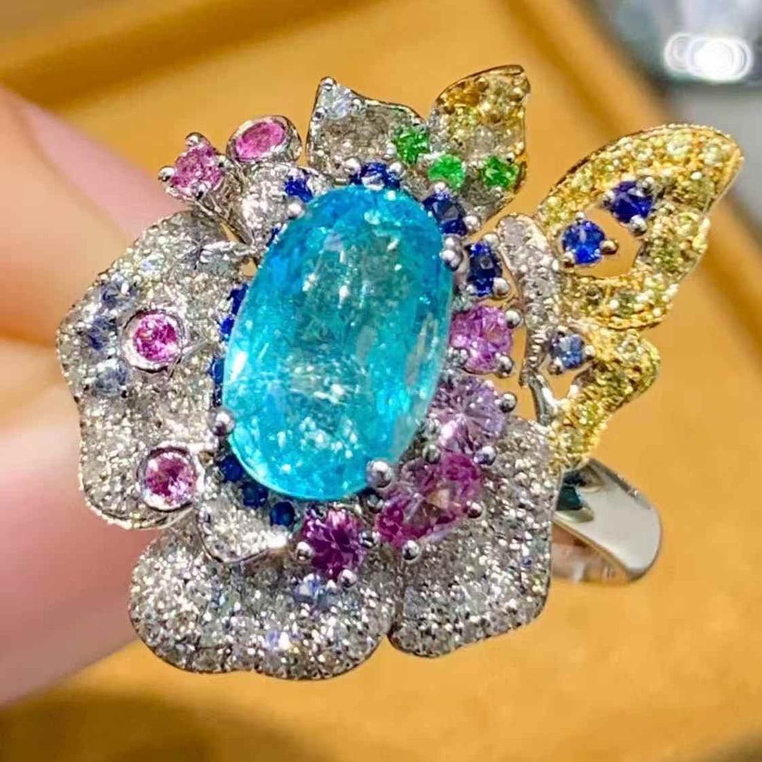 14k Gold 1.44 Ct Natural Paraiba Tourmaline & Coloured Gemstone & Diamond Ring - 2