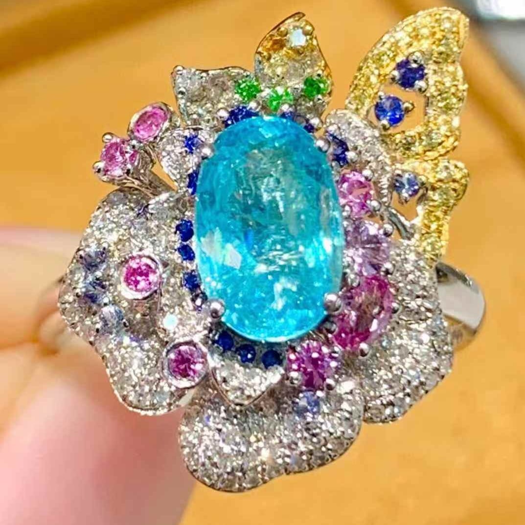 14k Gold 1.44 Ct Natural Paraiba Tourmaline & Coloured Gemstone & Diamond Ring - 3