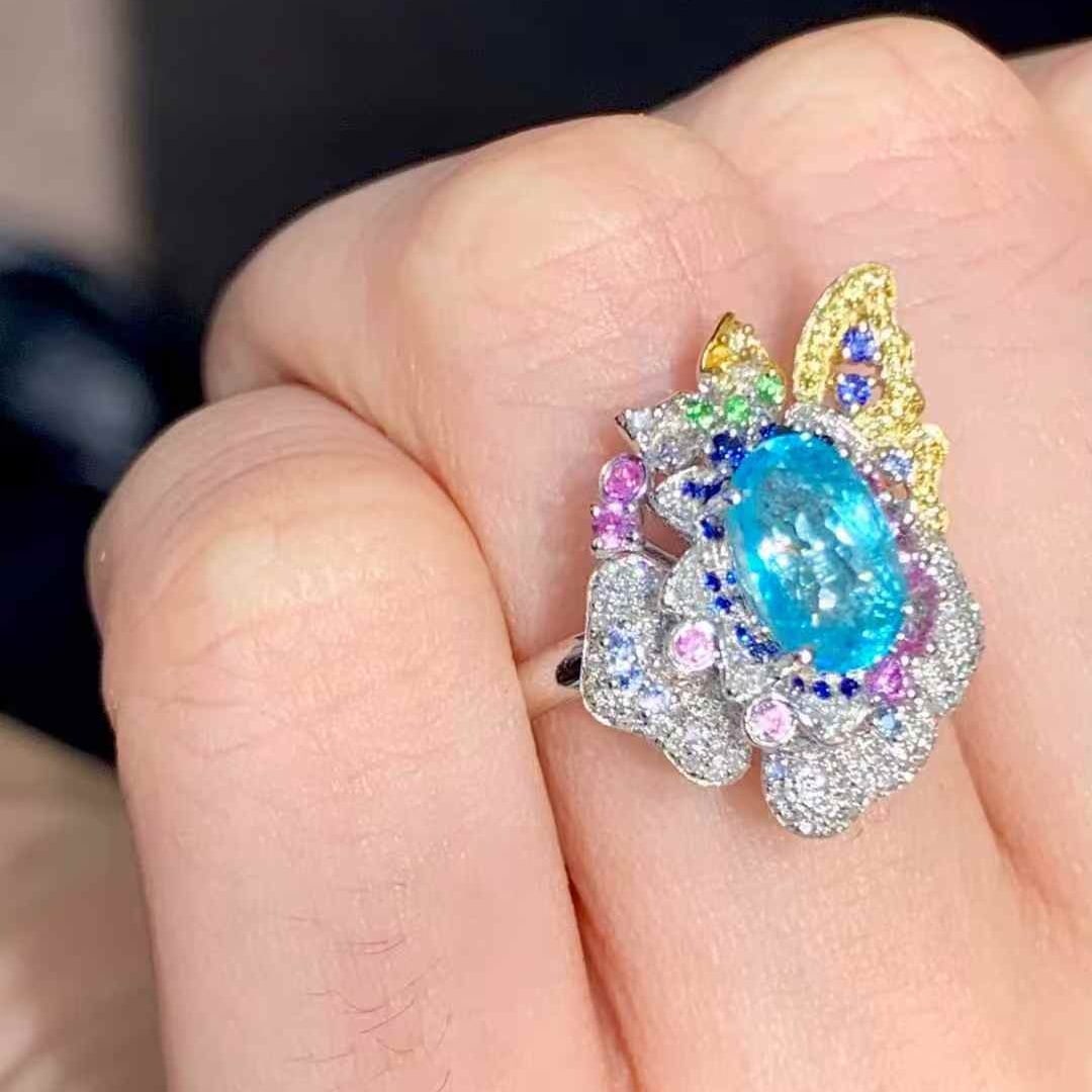 14k Gold 1.44 Ct Natural Paraiba Tourmaline & Coloured Gemstone & Diamond Ring - 4