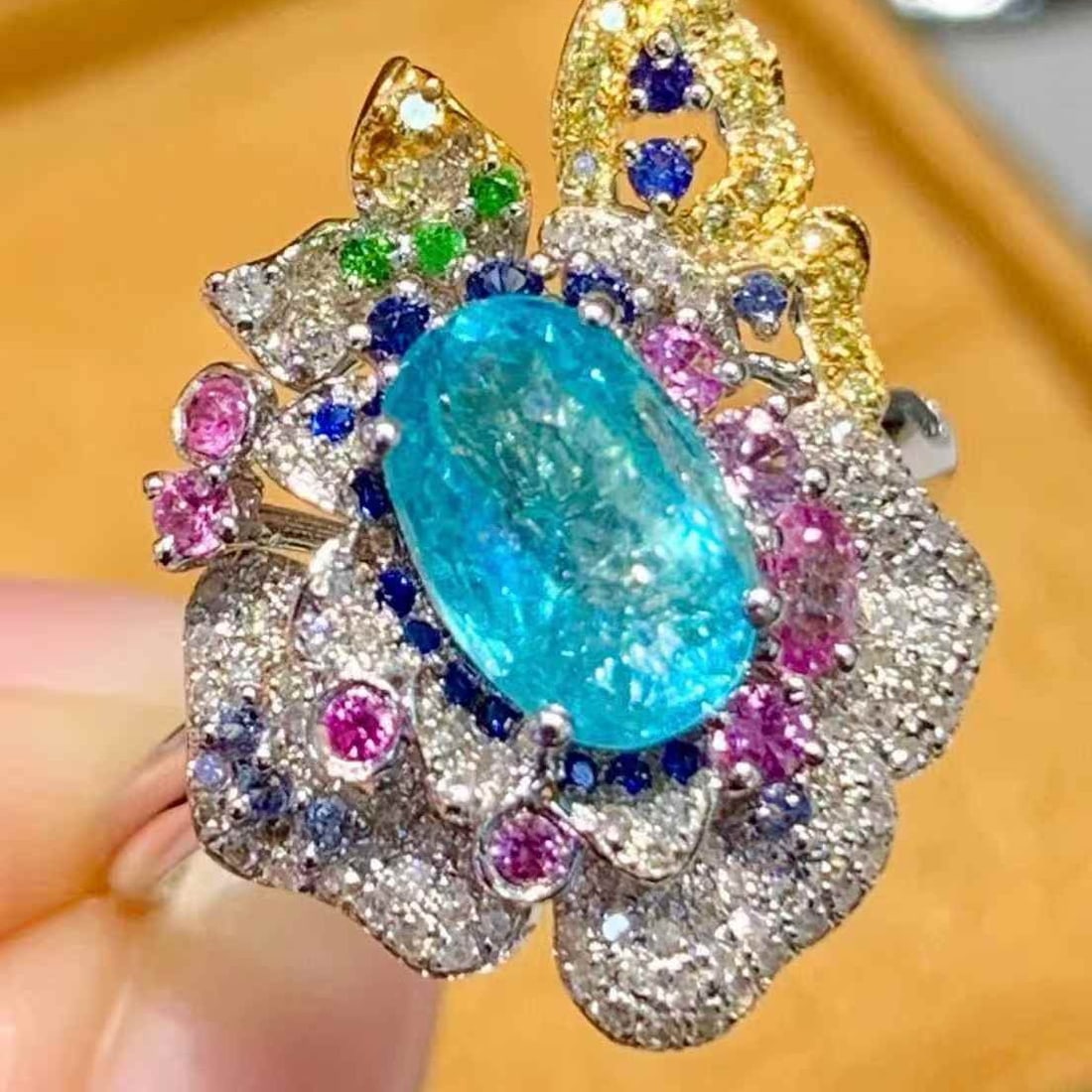 14k Gold 1.44 Ct Natural Paraiba Tourmaline & Coloured Gemstone & Diamond Ring - 5