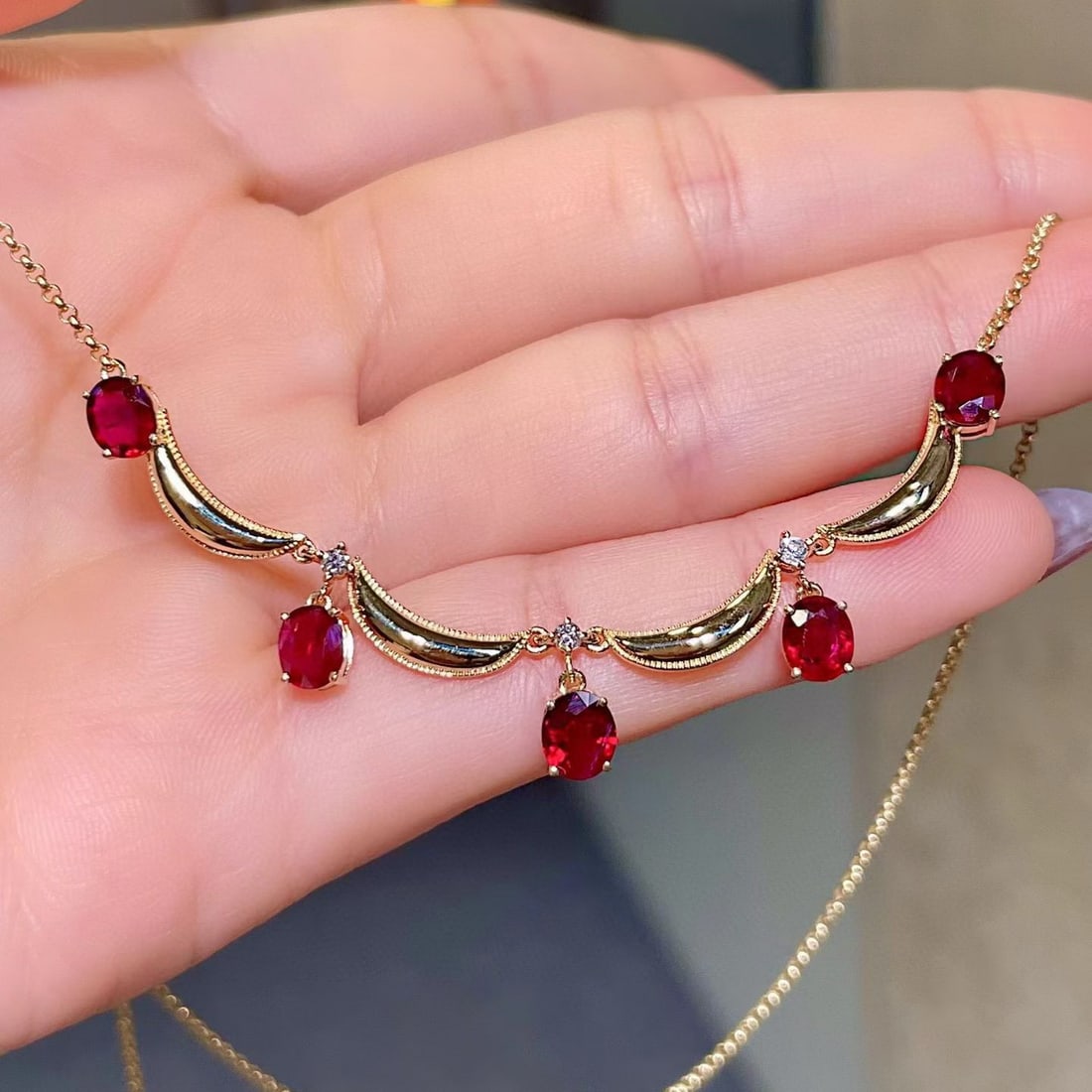 14k Gold 2.72 Ctw Natural Ruby & Diamond Necklace - 2