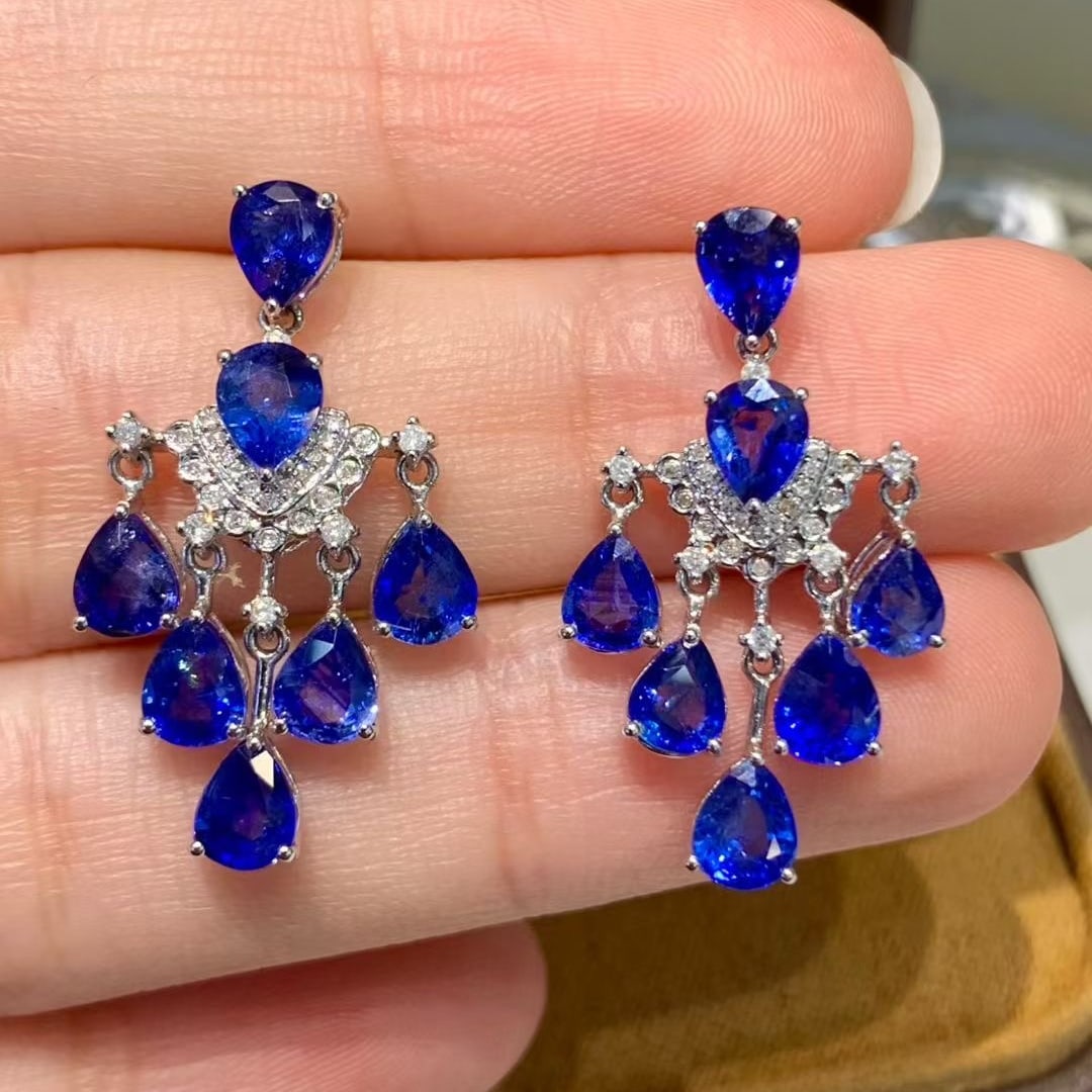 14k Gold 6.00 Ct Natural Sapphire & Diamond Earrings - 2
