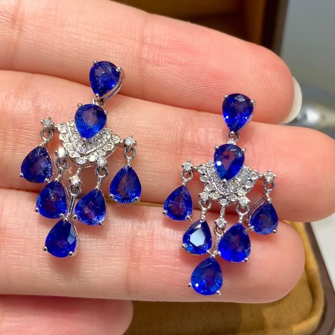 14k Gold 6.00 Ct Natural Sapphire & Diamond Earrings - 3