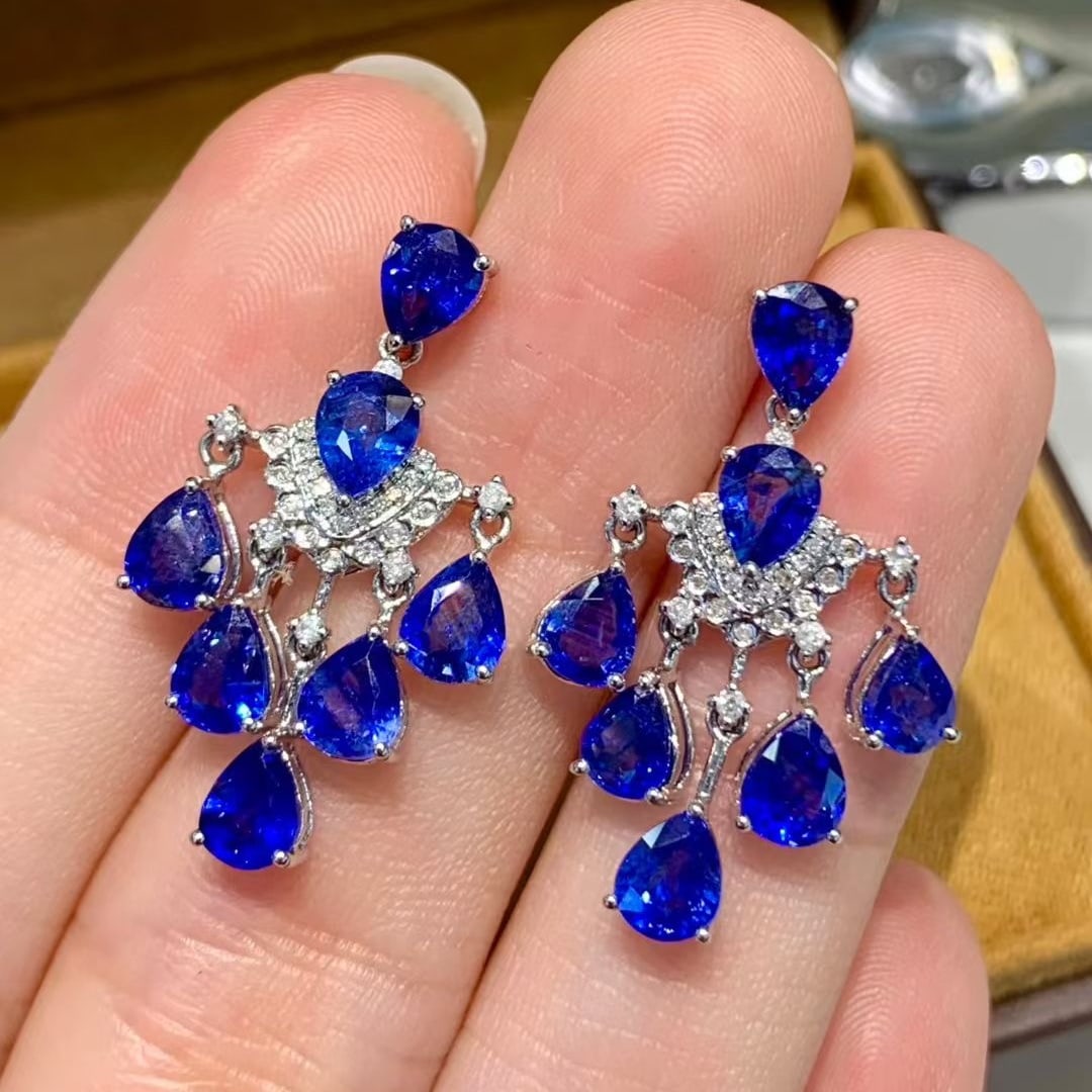 14k Gold 6.00 Ct Natural Sapphire & Diamond Earrings - 4