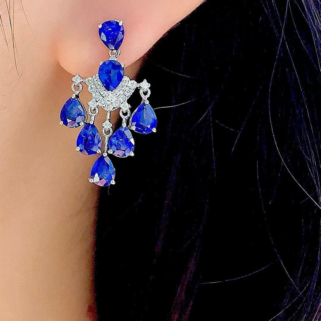 14k Gold 6.00 Ct Natural Sapphire & Diamond Earrings - 6