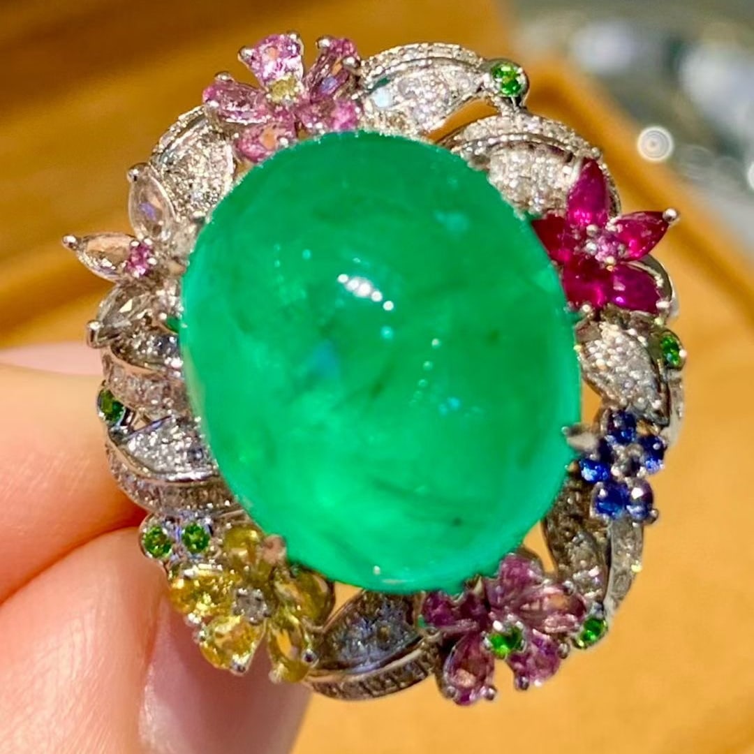 14k Gold 10.02 Ct Natural Emerald & Diamond & Coloured Gemstone Ring - 2