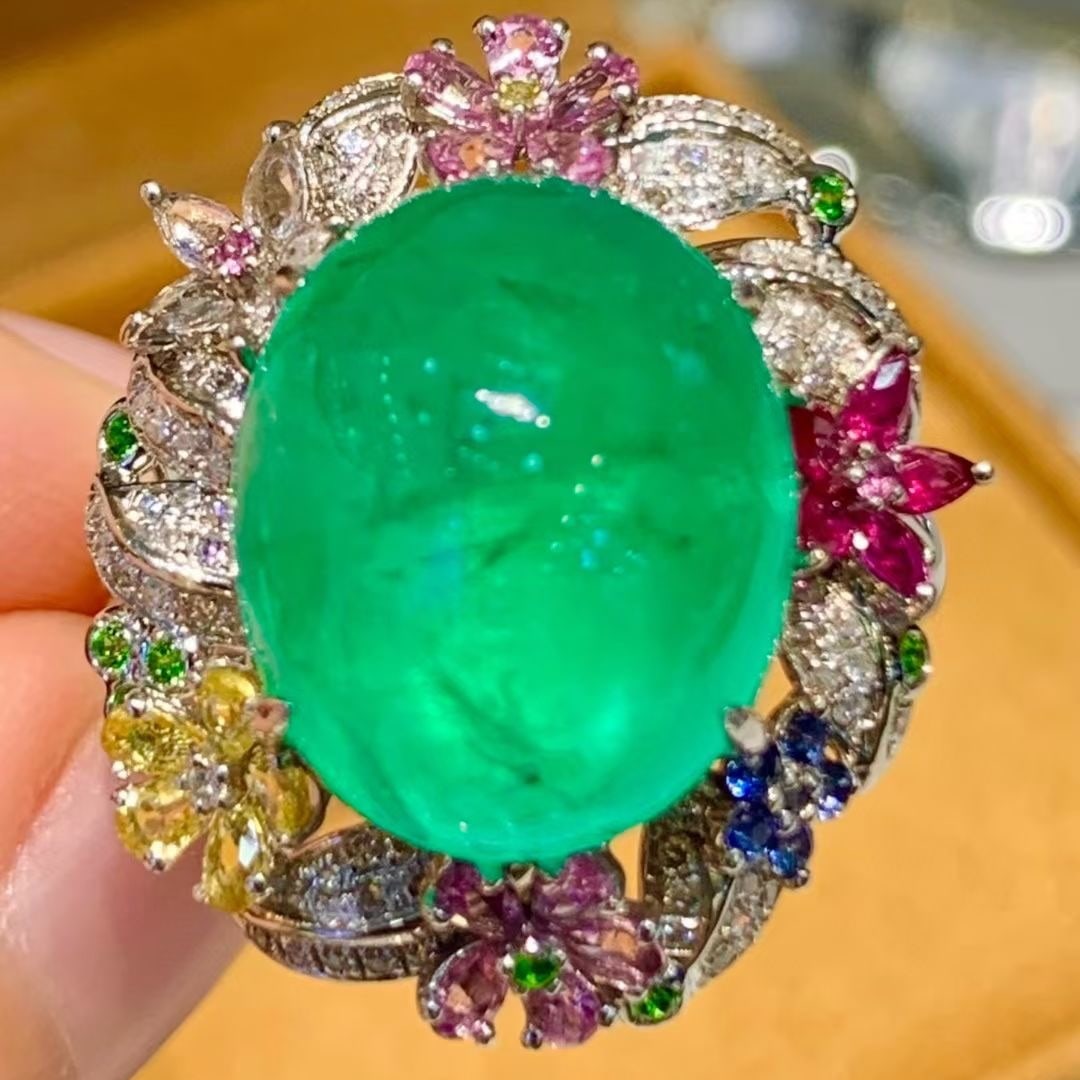 14k Gold 10.02 Ct Natural Emerald & Diamond & Coloured Gemstone Ring - 3