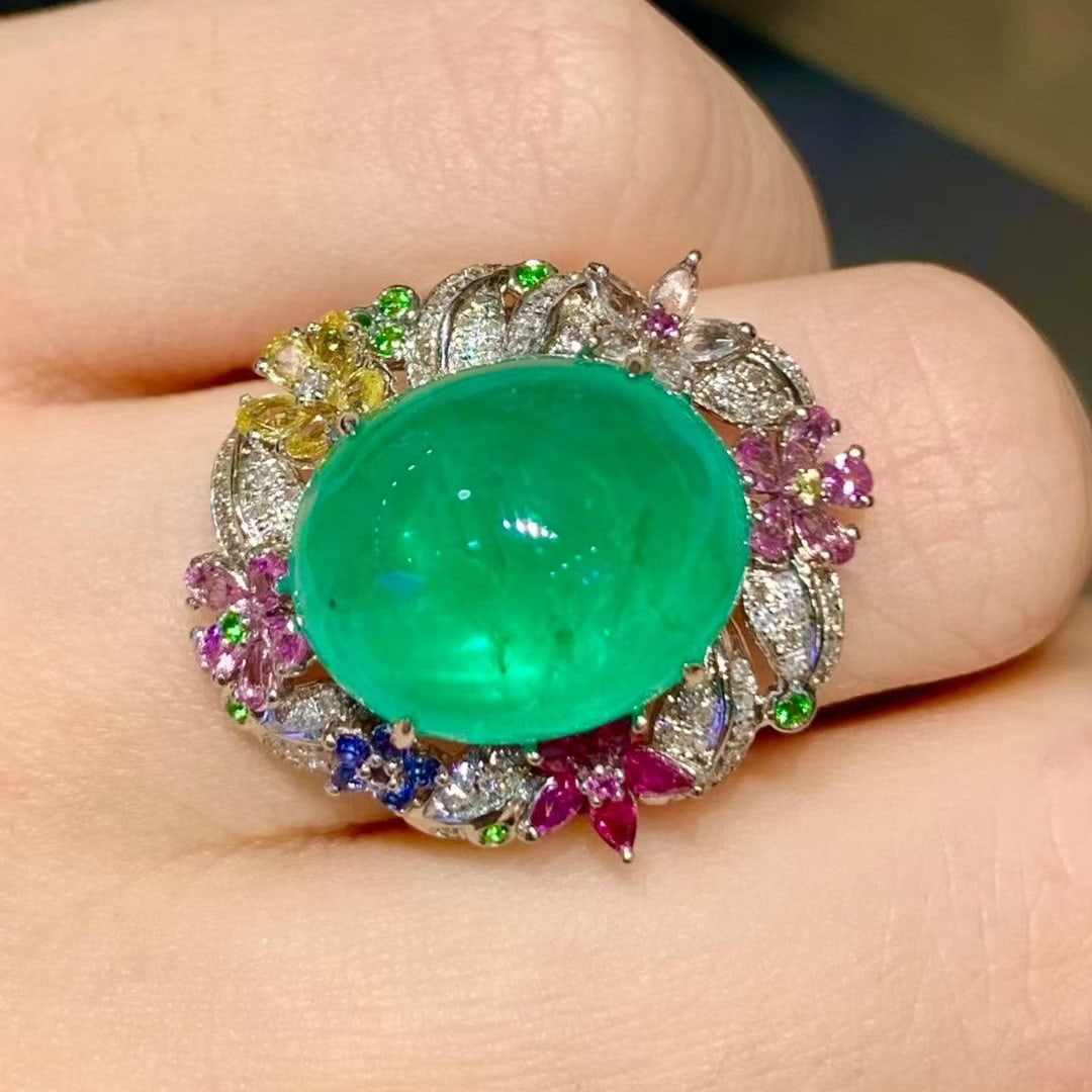 14k Gold 10.02 Ct Natural Emerald & Diamond & Coloured Gemstone Ring - 4