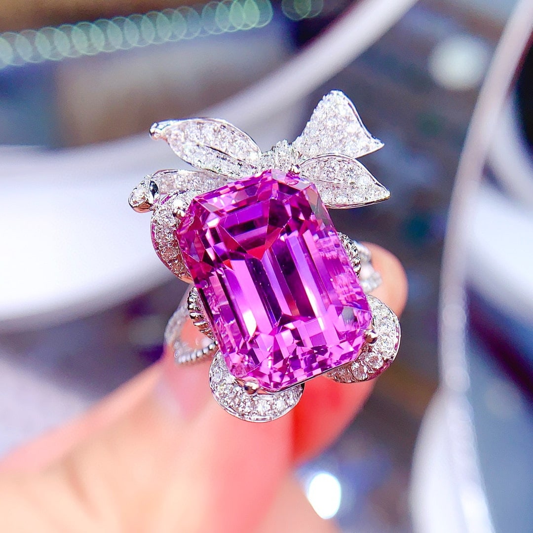 14k Gold 15.07 Ctw Natural Kunzite & Diamond Ring - 2