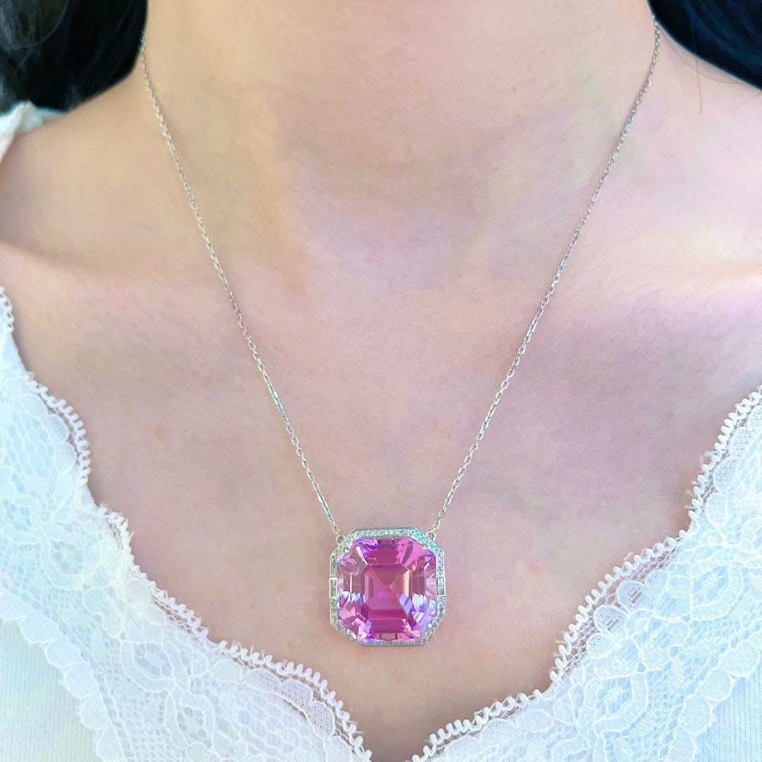 14k Gold 35.31 Ctw Natural Kunzite & Diamond Necklace - 2