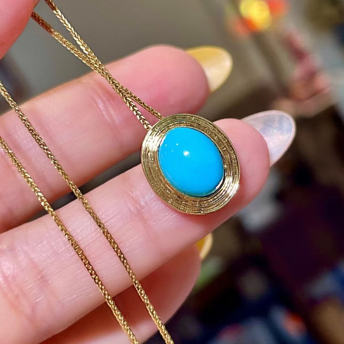 14k Gold 2.69 Ct Natural Blue Turquoise & Solitaire Pendant( Without Chain ) - 2