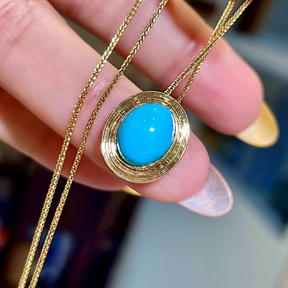 14k Gold 2.69 Ct Natural Blue Turquoise & Solitaire Pendant( Without Chain ) - 3