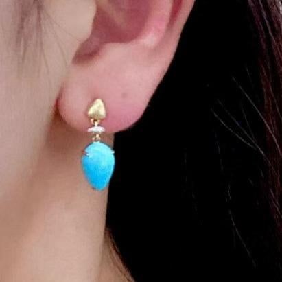 14k Gold 4.82 Ct Natural Blue Turquoise & Diamond Earrings - 4