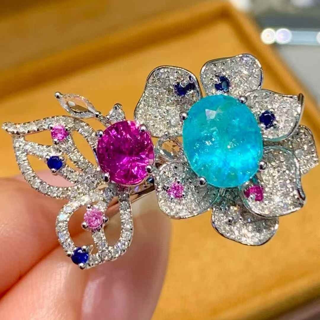 14k Gold 2.5 Ct Natural Paraiba Tourmaline & Sapphire Ring - 2