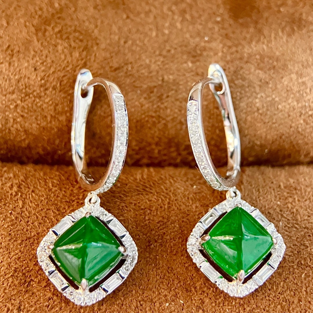 14k Gold 4.36 Ctw Vivid Green Natural Emerald & Diamond Earrings - 2