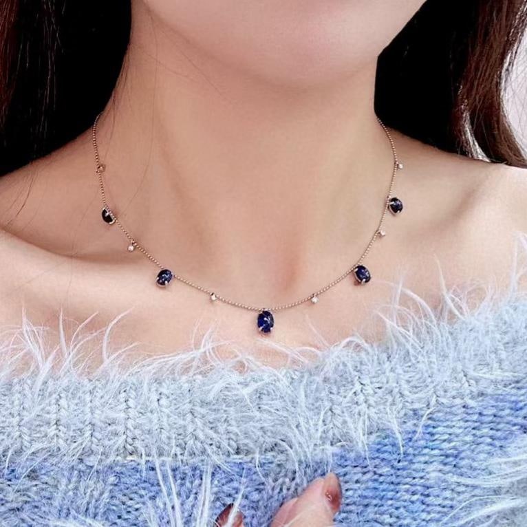 14k Gold 7.41 Ctw Natural Sapphire & Diamond Necklace - 4