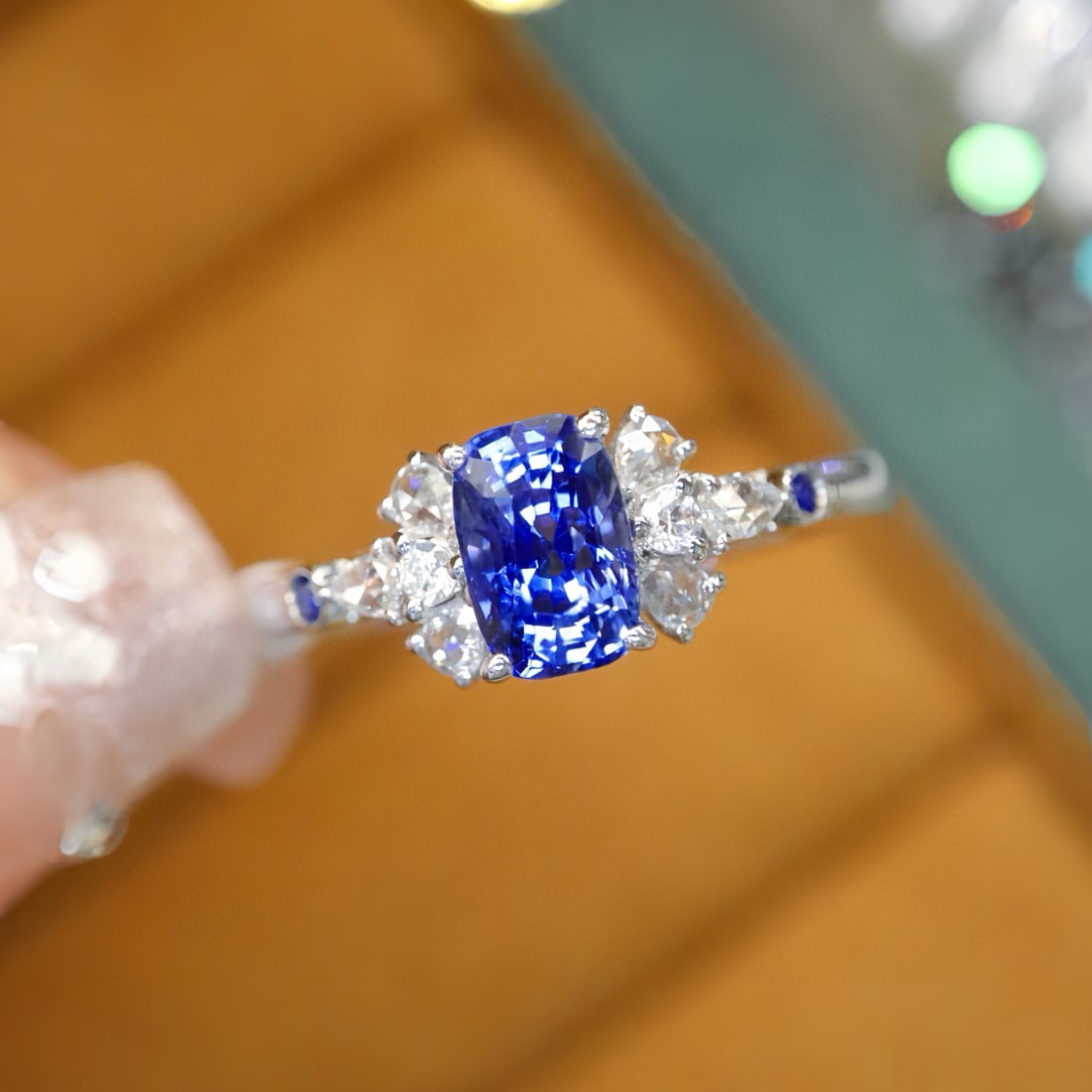 14k Gold 1.20 Ctw Natural Sapphire & Diamond Ring: Ref:231095190 // gold content:14k gold // ring size:7. 25us // // main gemstone:sapphire // shape:cushion // carat weight:1. 05ct // color:blue // treatment:natural // // adjacent gemstone 2 :