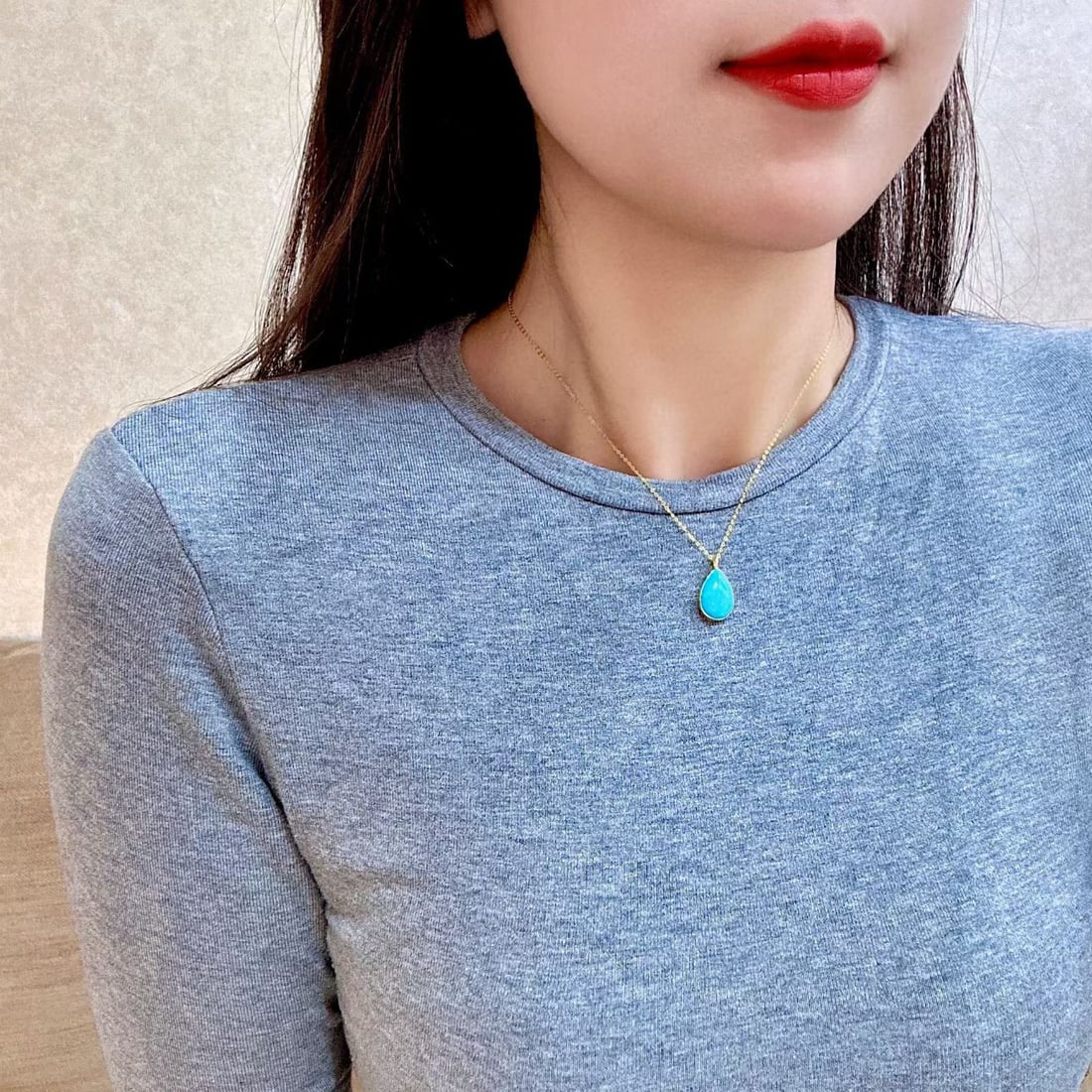 14k Gold 3.87 Ct Natural Blue Turquoise Pendant( Without Chain ) - 3